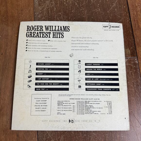 Roger Williams Greatest Hits 1961 LP Vinyl Records Kapp Records - Picture 2 of 4
